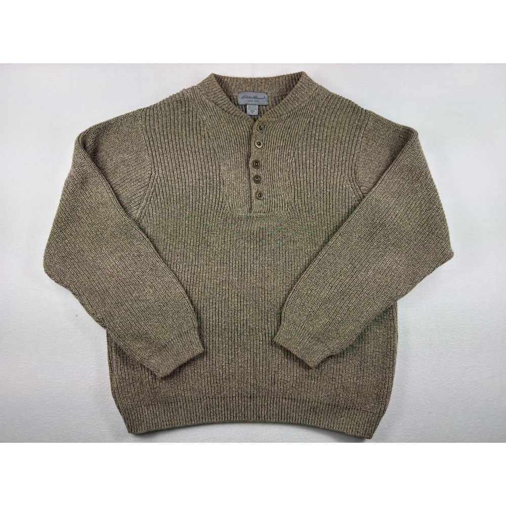 Eddie Bauer Mens M Tan Ribbed Henley Sweater Cotton Acrylic USA Grandpa Knit